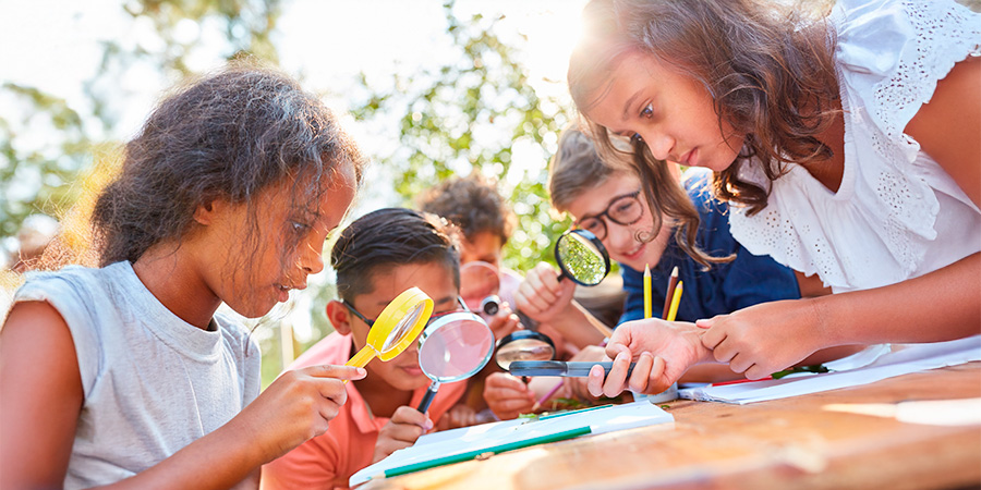 crianças olhando na lupa - Como despertar a curiosidade científica nas crianças